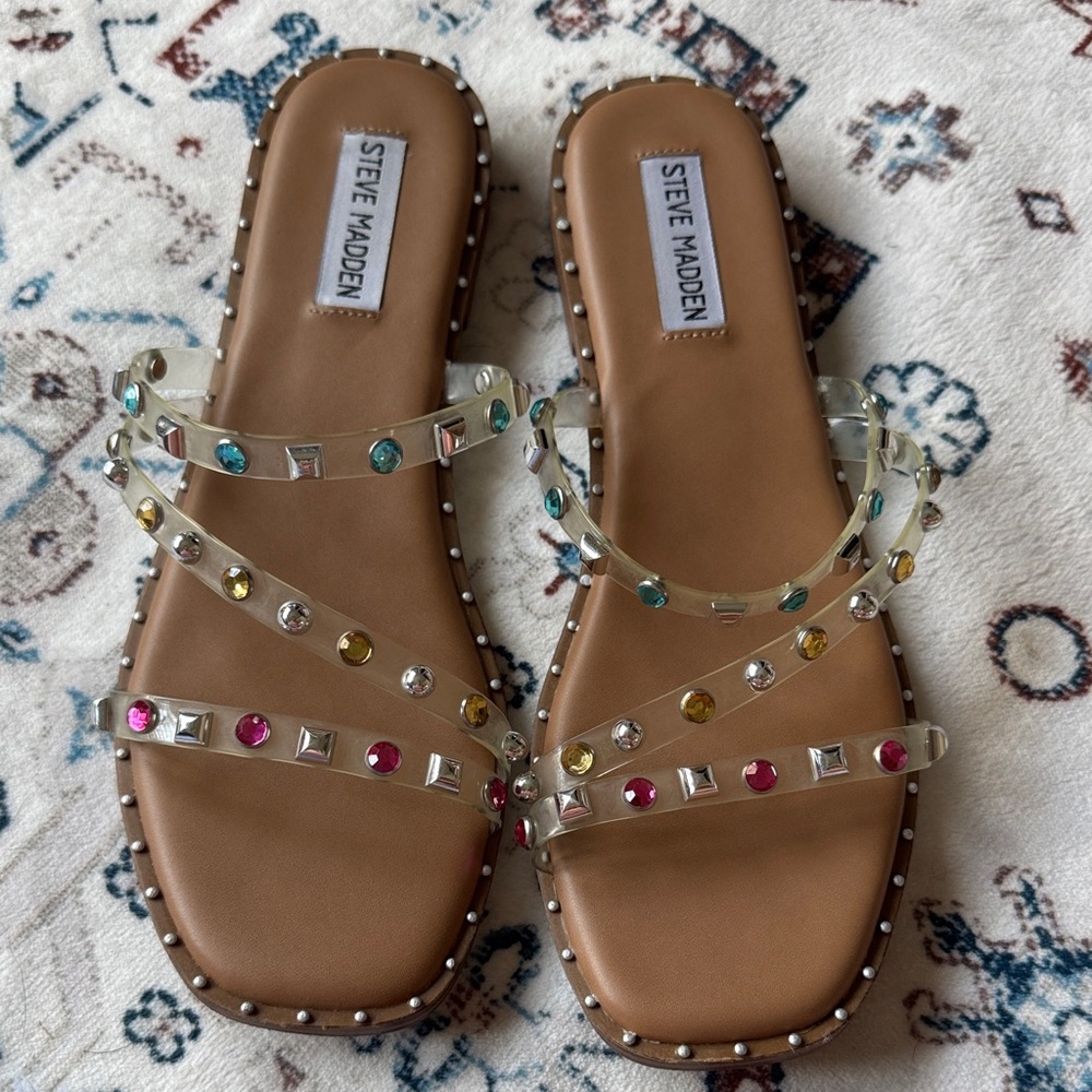 Steve Madden Tan Sandals with Colorful Gem Accents